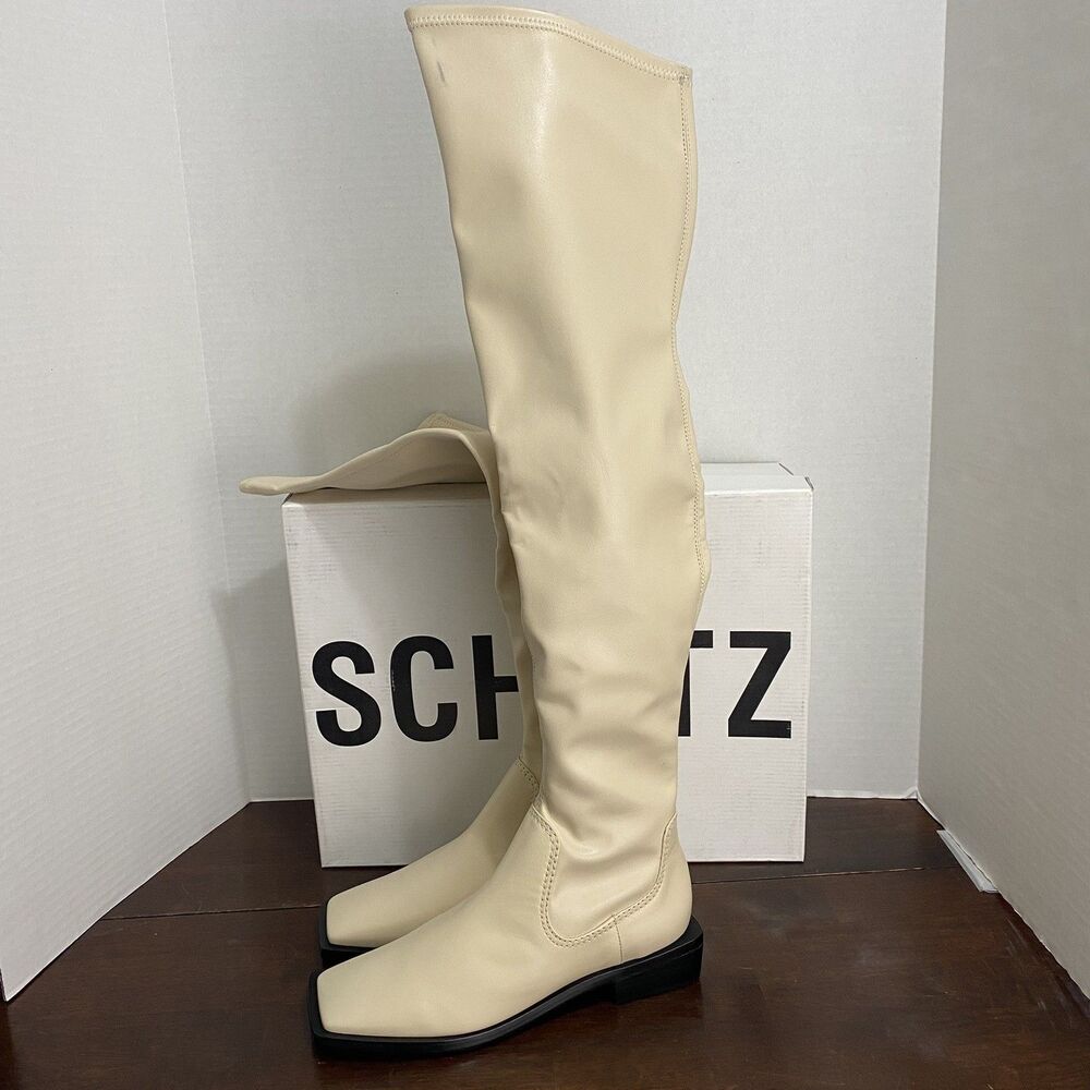 Schutz Womens Guily Up Over The Knee Boots Sz Eggshell Cream Leather Square Toe